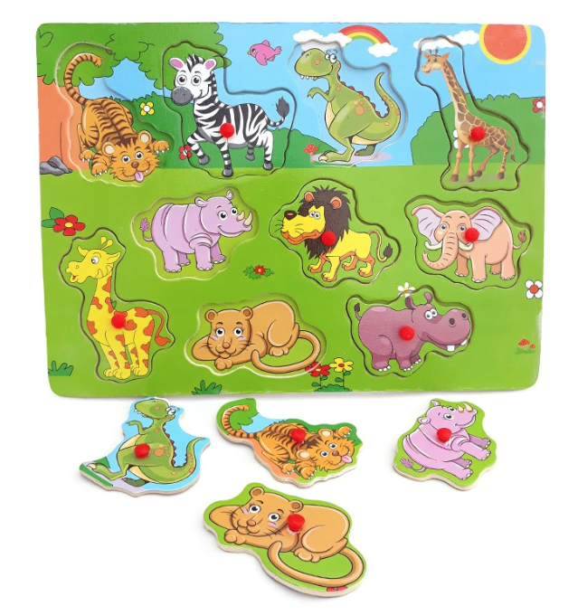 Puzzle din lem cu animale 10 piese pentru copii 27x27cm verde